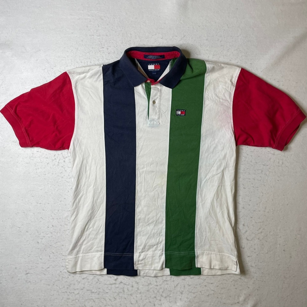 Tommy Hilfiger Polo Shirt Mens XL Multicolor Colorblock Vertical Stripe Short